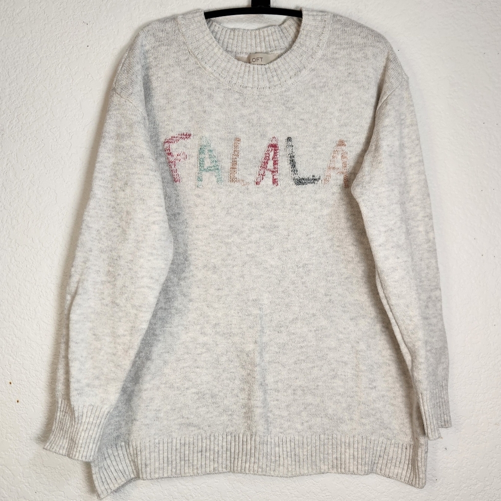 LOFT Gray Crewneck Sweater with Multicolor 'FALALA' Knit, Size L